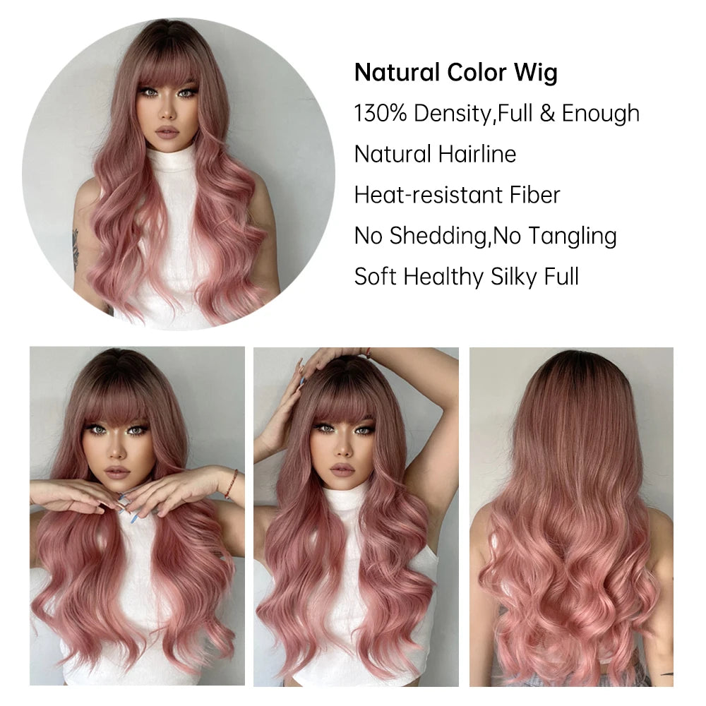 Gray Pink Long Wavy Synthetic Hair Wigs with Bangs for White Women Natural Cosplay Wave Black Ash Pink Wig Heat Resistant Fiber