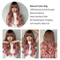 Gray Pink Long Wavy Synthetic Hair Wigs with Bangs for White Women Natural Cosplay Wave Black Ash Pink Wig Heat Resistant Fiber