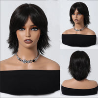 12 Inch Short Mullet Head Wigs With Bangs Short Straight Black Synthetic Wig For Women Short Pixie Cut Wigs For Daily Party Use