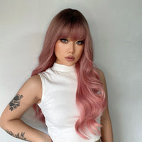 Gray Pink Long Wavy Synthetic Hair Wigs with Bangs for White Women Natural Cosplay Wave Black Ash Pink Wig Heat Resistant Fiber