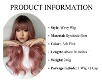 Gray Pink Long Wavy Synthetic Hair Wigs with Bangs for White Women Natural Cosplay Wave Black Ash Pink Wig Heat Resistant Fiber