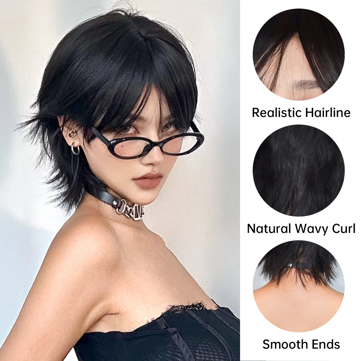 12 Inch Short Mullet Head Wigs With Bangs Short Straight Black Synthetic Wig For Women Short Pixie Cut Wigs For Daily Party Use