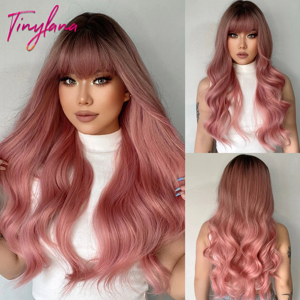 Gray Pink Long Wavy Synthetic Hair Wigs with Bangs for White Women Natural Cosplay Wave Black Ash Pink Wig Heat Resistant Fiber