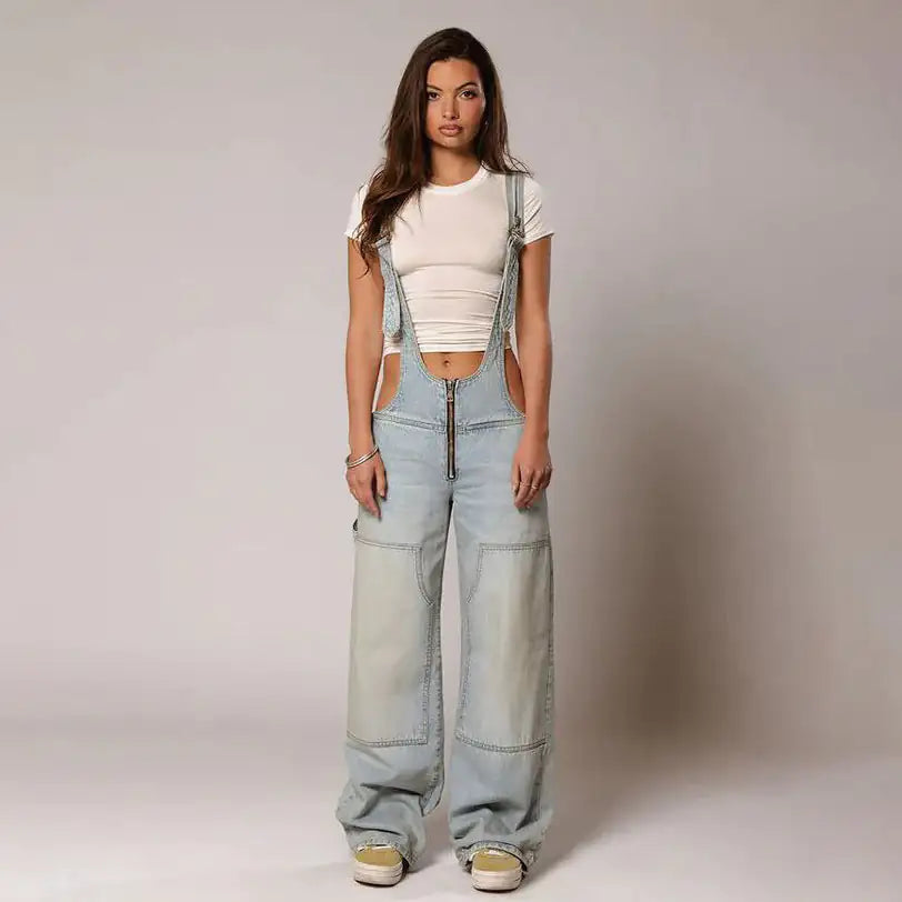 Y2K Zipper Denim Overalls With Pockets Fashion Loose Suspender Jumpsuit Streetwear Jeans Pants Womens Clothing