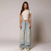 Y2K Zipper Denim Overalls With Pockets Fashion Loose Suspender Jumpsuit Streetwear Jeans Pants Womens Clothing