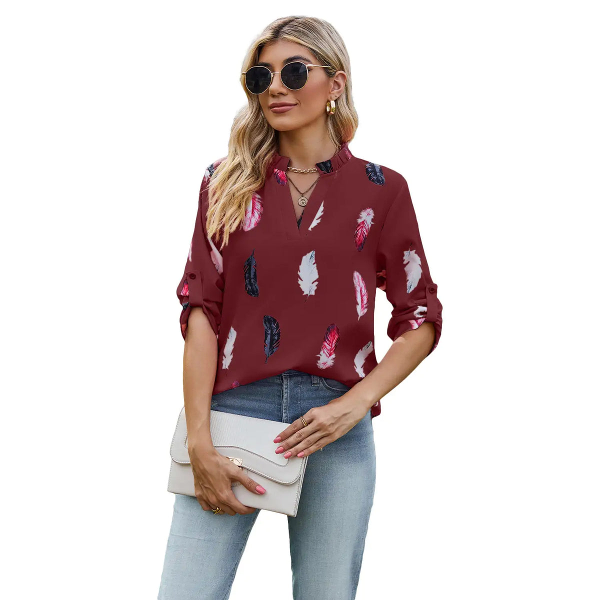 V-neck Feather Printed 34 Sleeves Loose Shirt