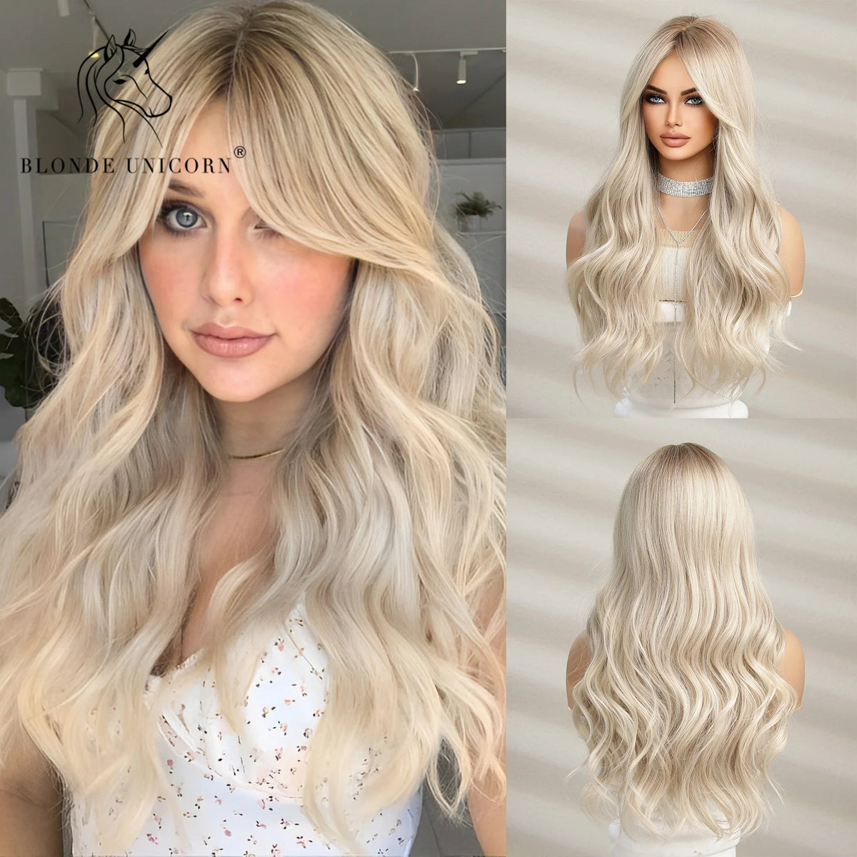 Blonde Unicorn Synthetic Wig Ombre Blonde Long Wigs Middle Part Hair Wig Daily Natural Wavy Heat Resistant Fiber for Women