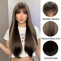 Synthetic Wigs for Women Long Straight Brown Blonde Highlights Wigs With Bangs Natural Hair for Daily Use Heat Resistant Fiber