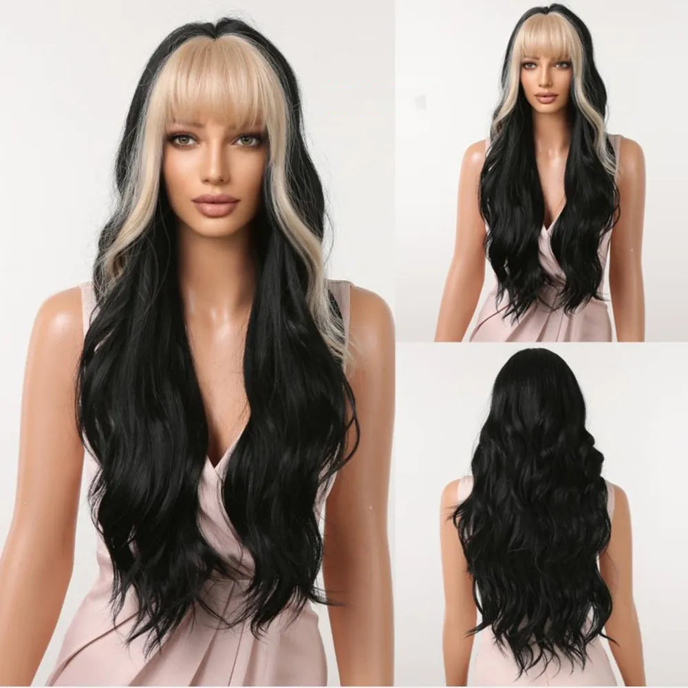 ESIN Copper Body Wavy Synthetic Wigs with Bangs Long Natural Wave Brown Wig for Women Daily Party Use Fake Hair Heat Resistant