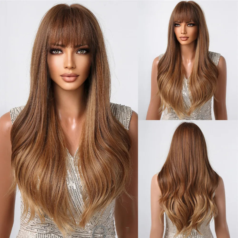 ESIN Copper Body Wavy Synthetic Wigs with Bangs Long Natural Wave Brown Wig for Women Daily Party Use Fake Hair Heat Resistant