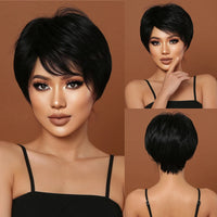 12 Inch Short Mullet Head Wigs With Bangs Short Straight Black Synthetic Wig For Women Short Pixie Cut Wigs For Daily Party Use