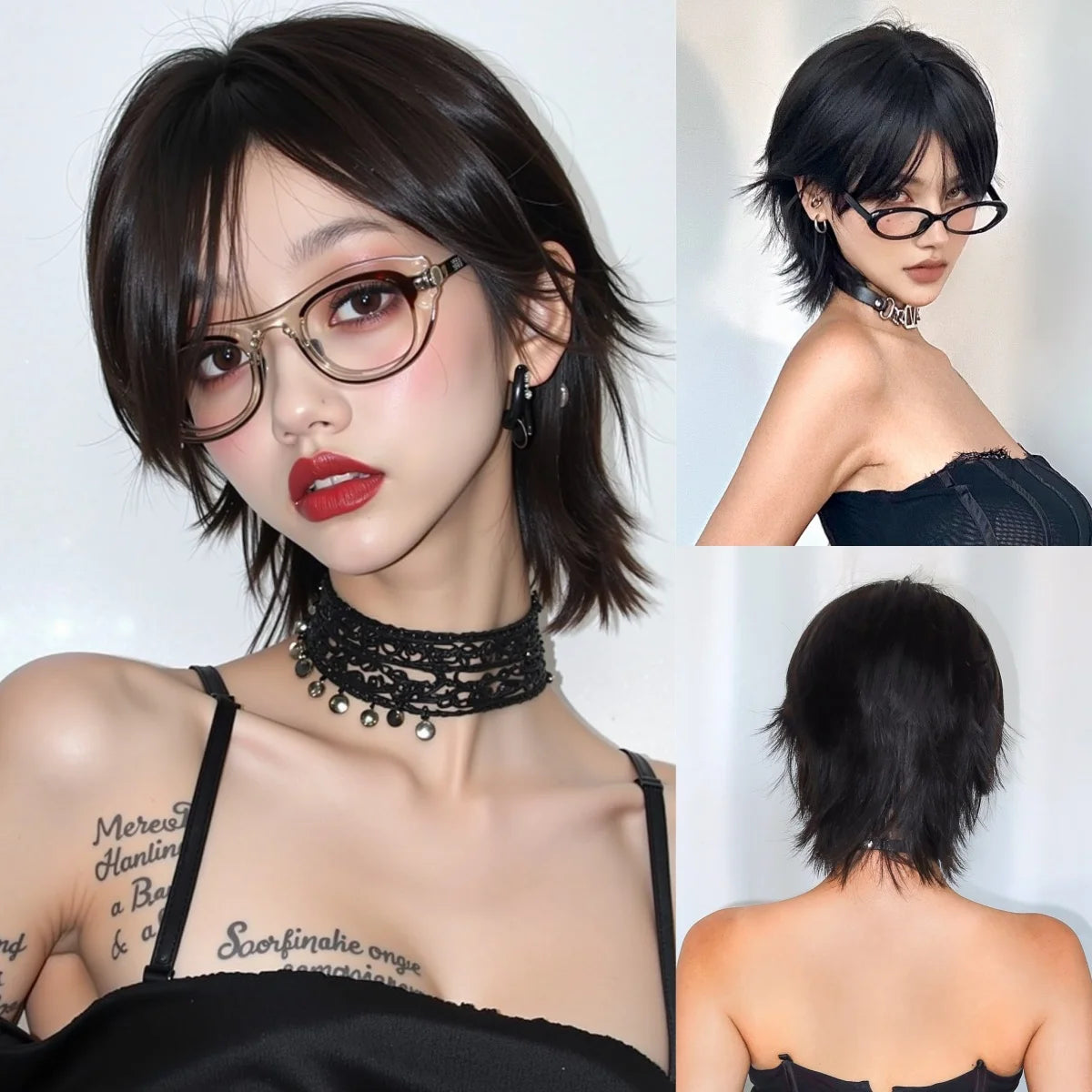 12 Inch Short Mullet Head Wigs With Bangs Short Straight Black Synthetic Wig For Women Short Pixie Cut Wigs For Daily Party Use