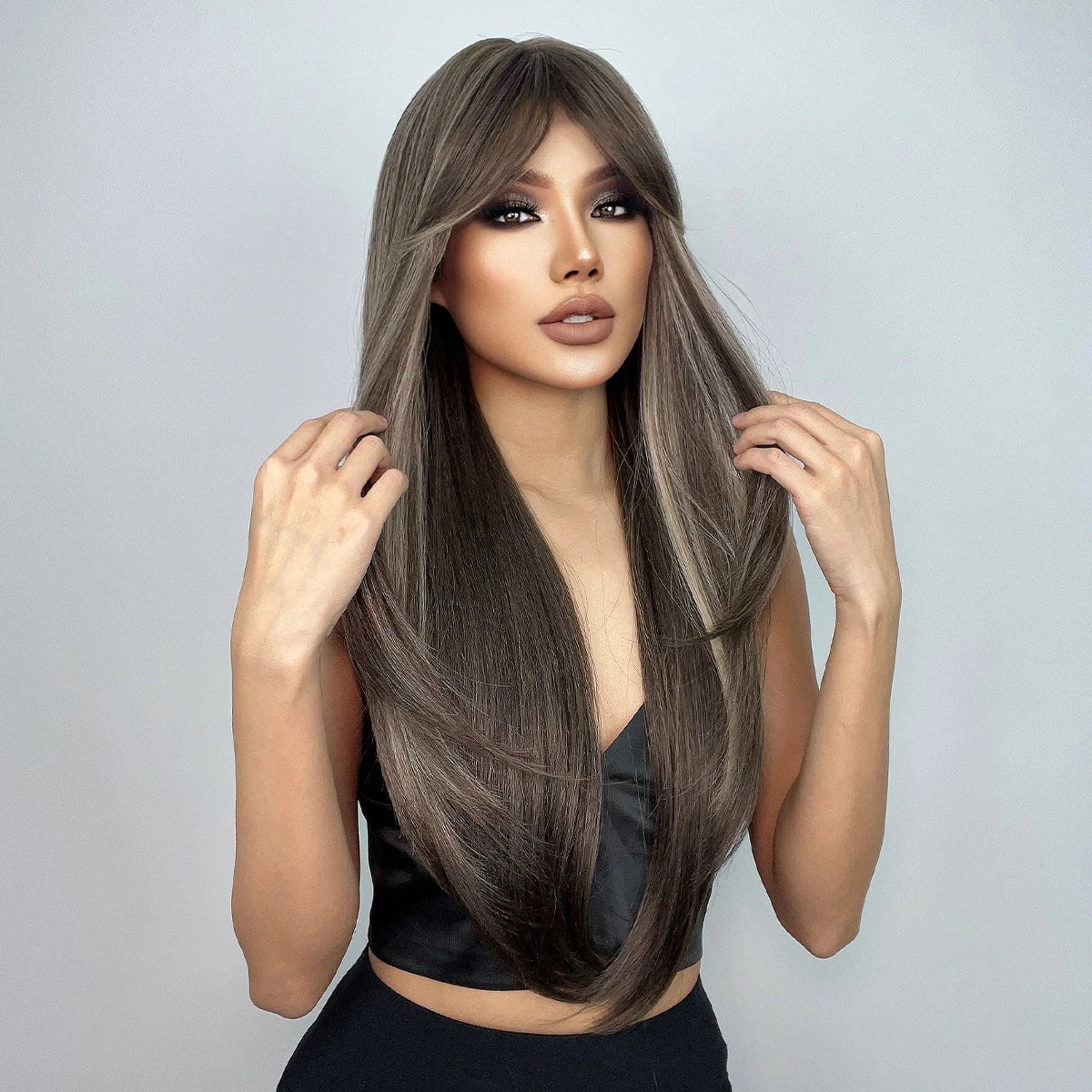 Synthetic Wigs for Women Long Straight Brown Blonde Highlights Wigs With Bangs Natural Hair for Daily Use Heat Resistant Fiber