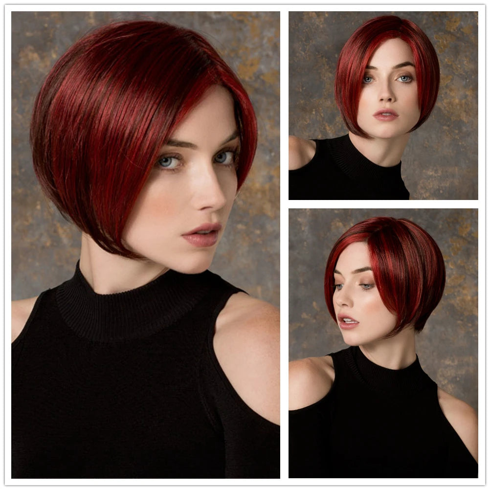 GNIMEGIL Synthetic Burgundy Wig for Woman Short Bob Wig Haircut Soft Straight Hairstyle Red Ombre Purple Wigs Natural Hairstyles