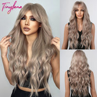 Gray Pink Long Wavy Synthetic Hair Wigs with Bangs for White Women Natural Cosplay Wave Black Ash Pink Wig Heat Resistant Fiber