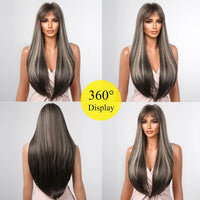 Synthetic Wigs for Women Long Straight Brown Blonde Highlights Wigs With Bangs Natural Hair for Daily Use Heat Resistant Fiber