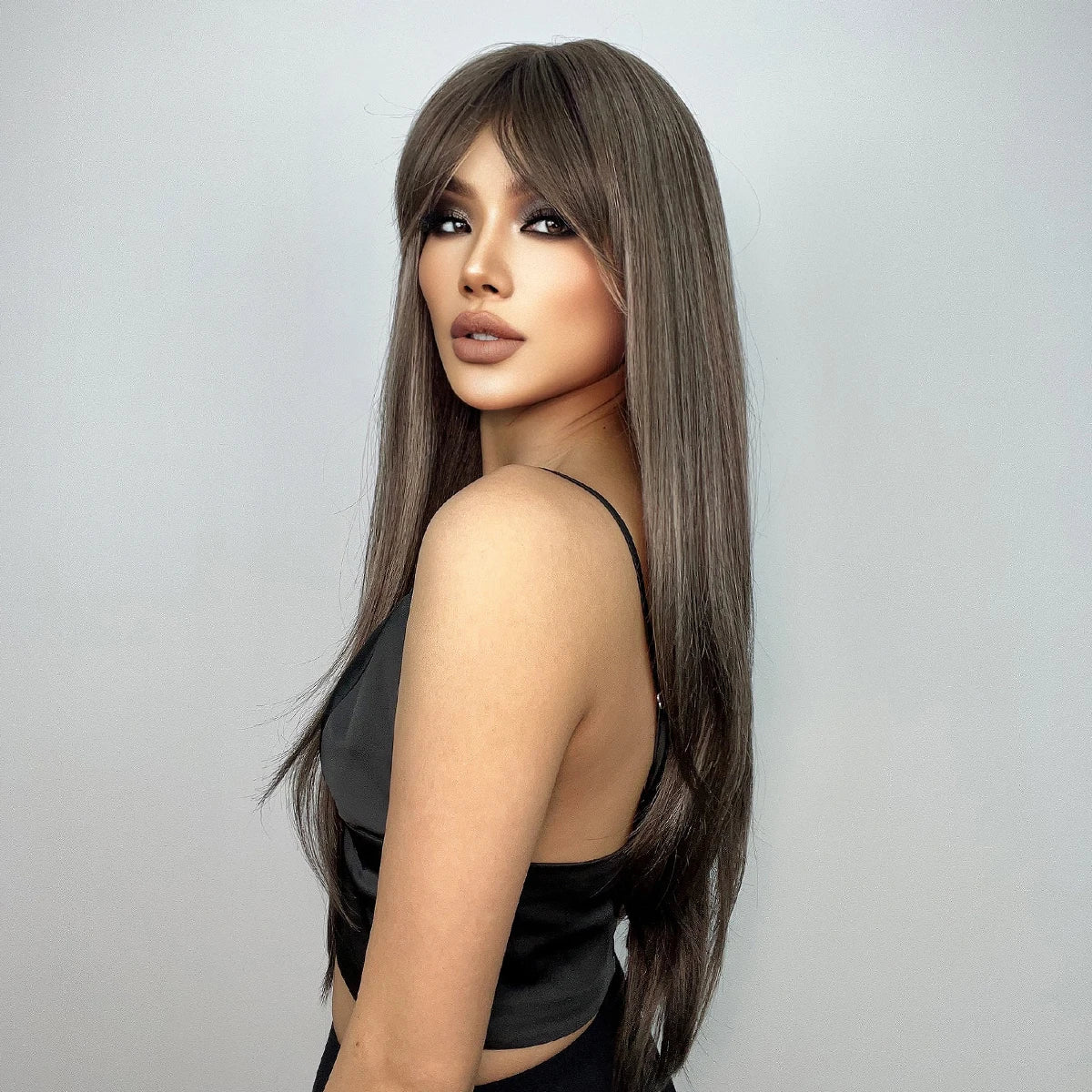 Synthetic Wigs for Women Long Straight Brown Blonde Highlights Wigs With Bangs Natural Hair for Daily Use Heat Resistant Fiber