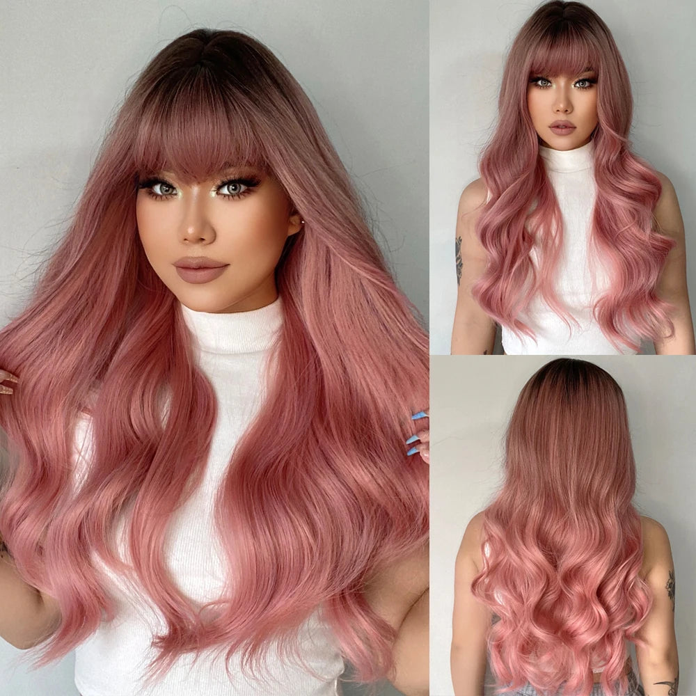 Gray Pink Long Wavy Synthetic Hair Wigs with Bangs for White Women Natural Cosplay Wave Black Ash Pink Wig Heat Resistant Fiber