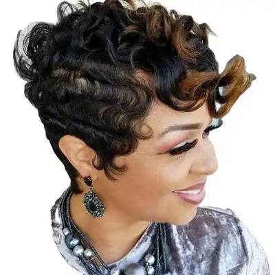 Short Curly Wigs for Black Women Natural Looking Wavy Short Black Wigs with Bangs Side Part Synthetic Hair Fashion Wigs