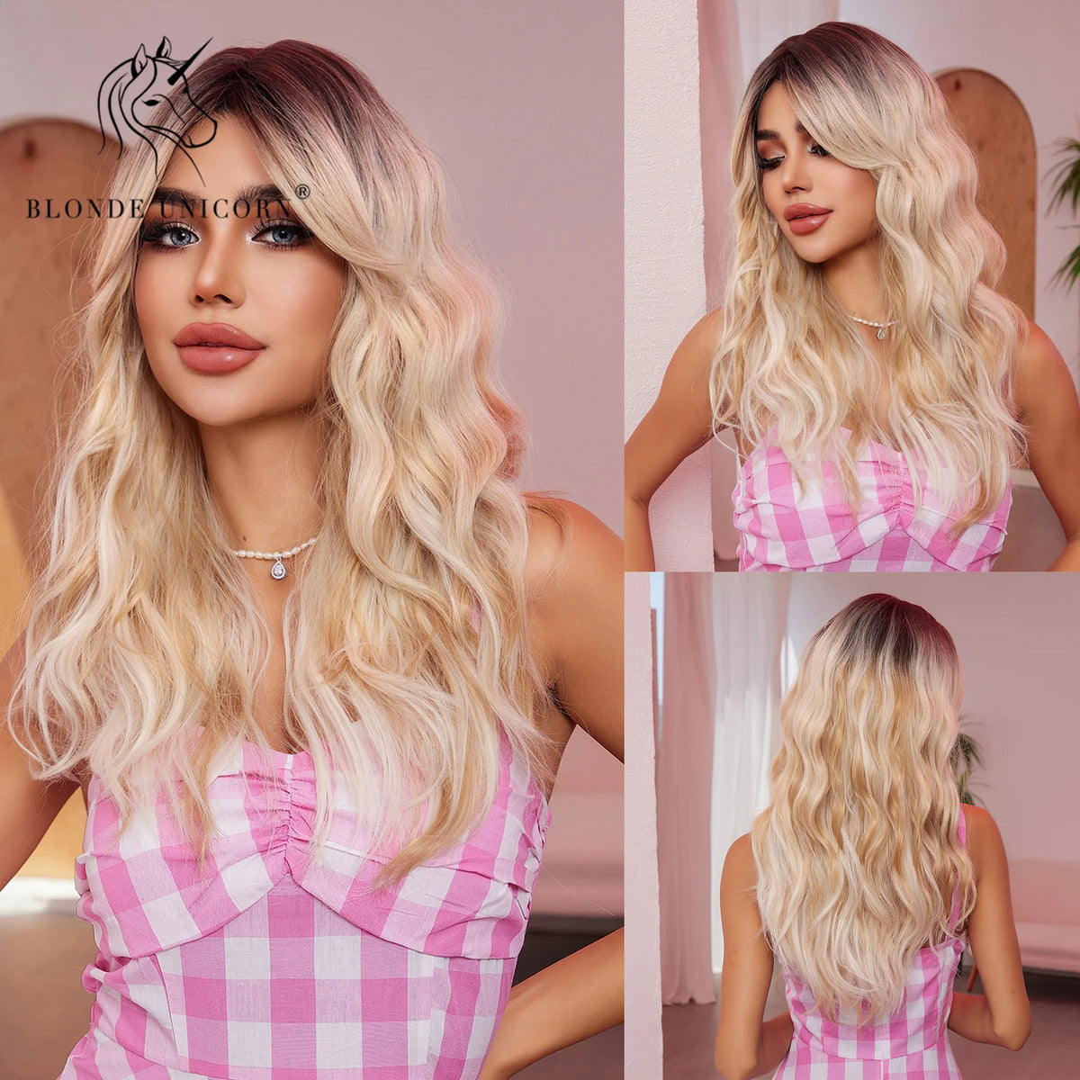 Blonde Unicorn Synthetic Wig Ombre Blonde Long Wigs Middle Part Hair Wig Daily Natural Wavy Heat Resistant Fiber for Women