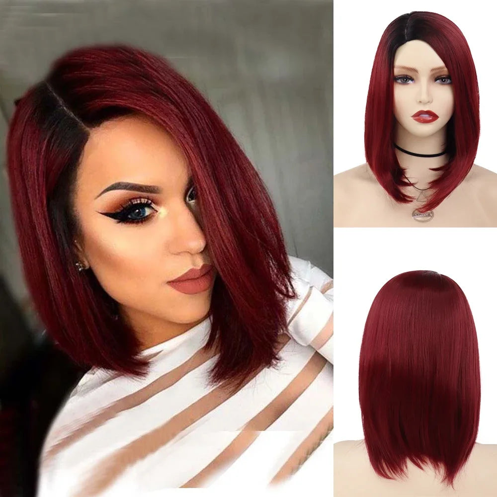 GNIMEGIL Synthetic Burgundy Wig for Woman Short Bob Wig Haircut Soft Straight Hairstyle Red Ombre Purple Wigs Natural Hairstyles