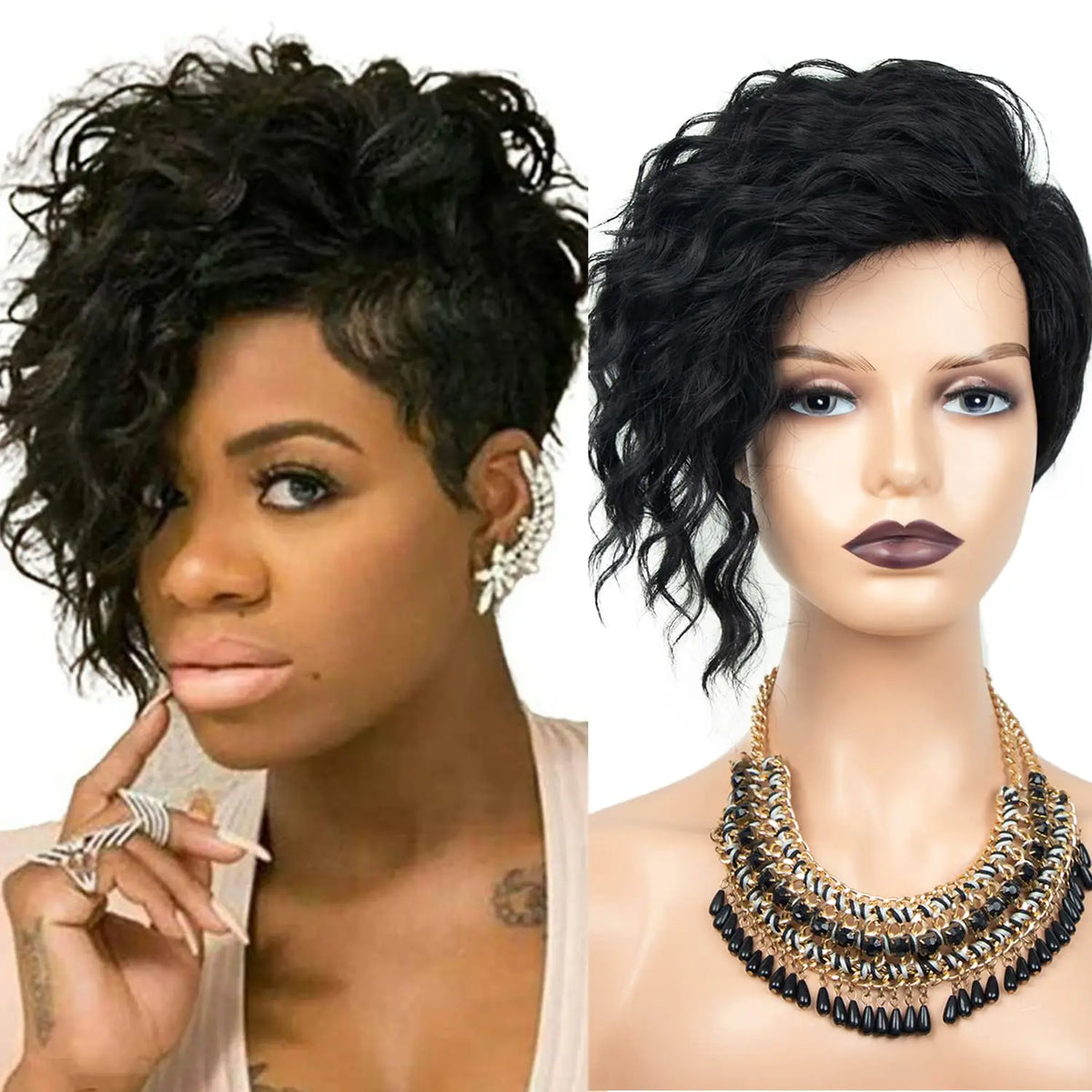 Short Curly Wigs for Black Women Natural Looking Wavy Short Black Wigs with Bangs Side Part Synthetic Hair Fashion Wigs