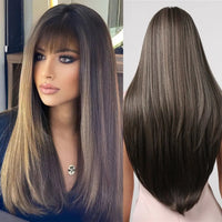 Synthetic Wigs for Women Long Straight Brown Blonde Highlights Wigs With Bangs Natural Hair for Daily Use Heat Resistant Fiber