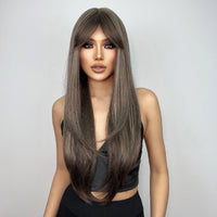 Synthetic Wigs for Women Long Straight Brown Blonde Highlights Wigs With Bangs Natural Hair for Daily Use Heat Resistant Fiber