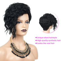 Short Curly Wigs for Black Women Natural Looking Wavy Short Black Wigs with Bangs Side Part Synthetic Hair Fashion Wigs