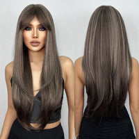 Synthetic Wigs for Women Long Straight Brown Blonde Highlights Wigs With Bangs Natural Hair for Daily Use Heat Resistant Fiber