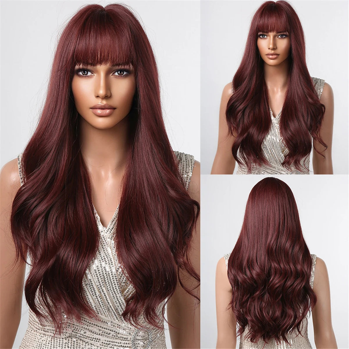 ESIN Copper Body Wavy Synthetic Wigs with Bangs Long Natural Wave Brown Wig for Women Daily Party Use Fake Hair Heat Resistant