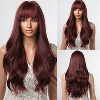 ESIN Copper Body Wavy Synthetic Wigs with Bangs Long Natural Wave Brown Wig for Women Daily Party Use Fake Hair Heat Resistant