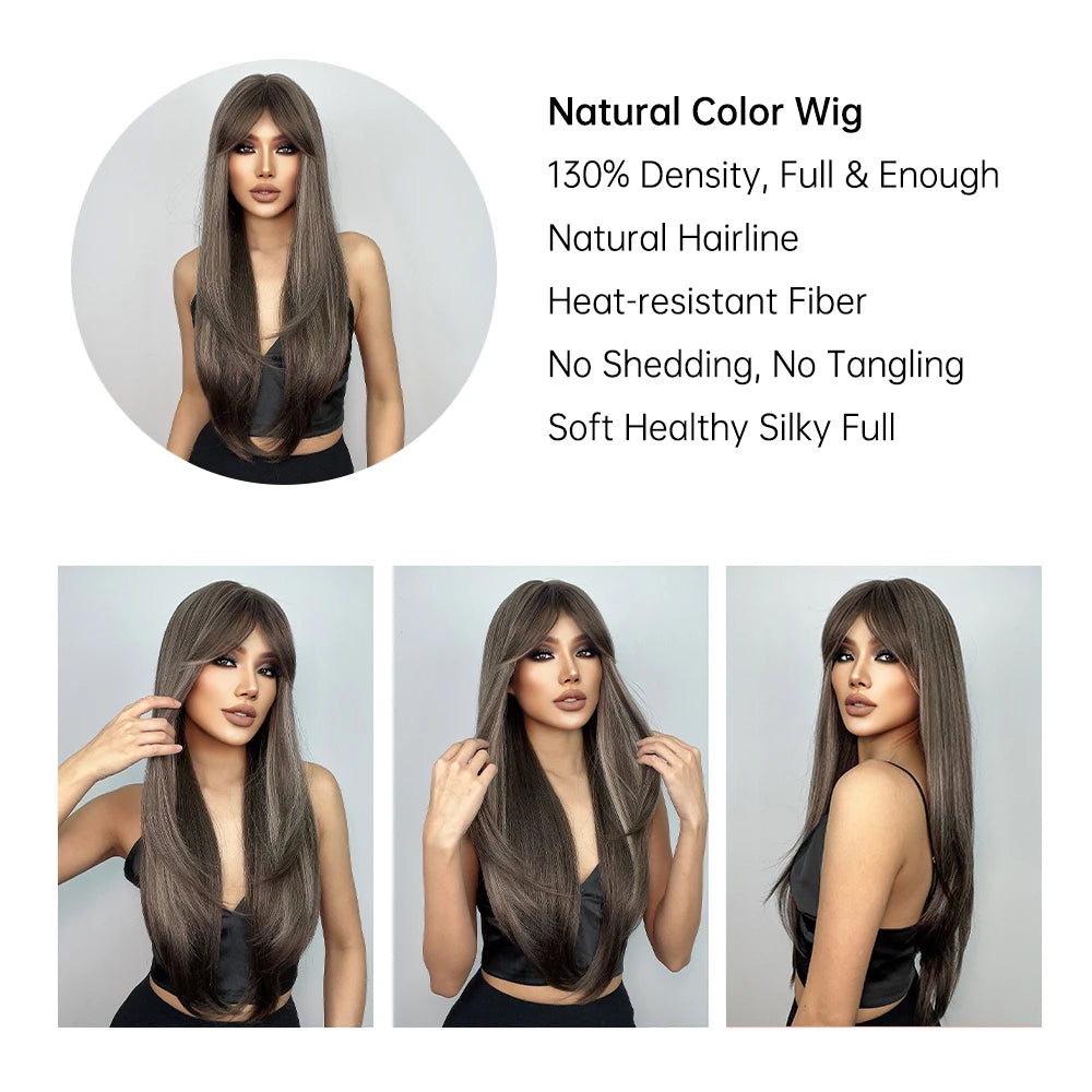 Synthetic Wigs for Women Long Straight Brown Blonde Highlights Wigs With Bangs Natural Hair for Daily Use Heat Resistant Fiber