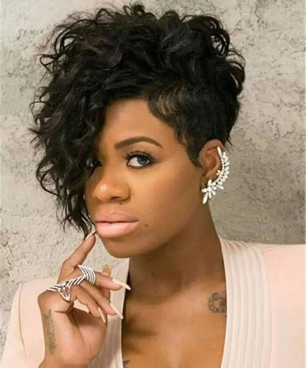 Short Curly Wigs for Black Women Natural Looking Wavy Short Black Wigs with Bangs Side Part Synthetic Hair Fashion Wigs