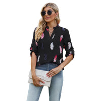 V-neck Feather Printed 34 Sleeves Loose Shirt