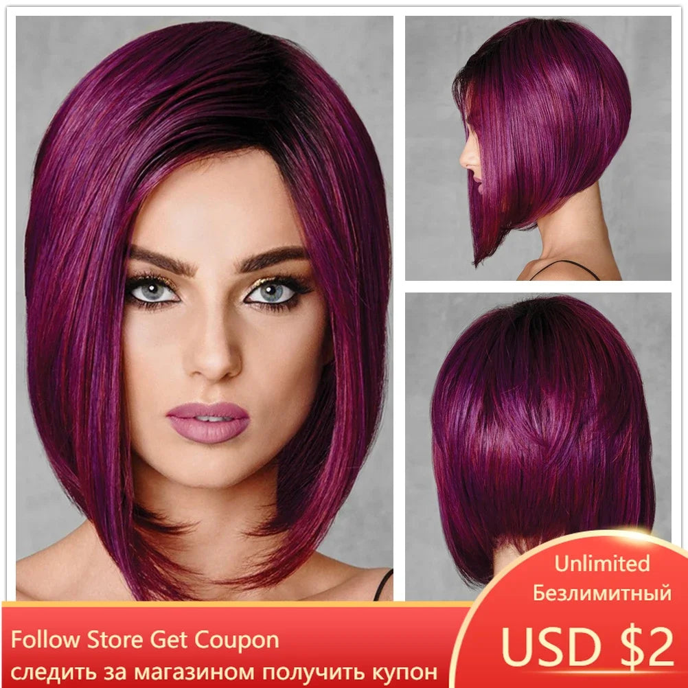 GNIMEGIL Synthetic Burgundy Wig for Woman Short Bob Wig Haircut Soft Straight Hairstyle Red Ombre Purple Wigs Natural Hairstyles