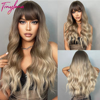 Gray Pink Long Wavy Synthetic Hair Wigs with Bangs for White Women Natural Cosplay Wave Black Ash Pink Wig Heat Resistant Fiber