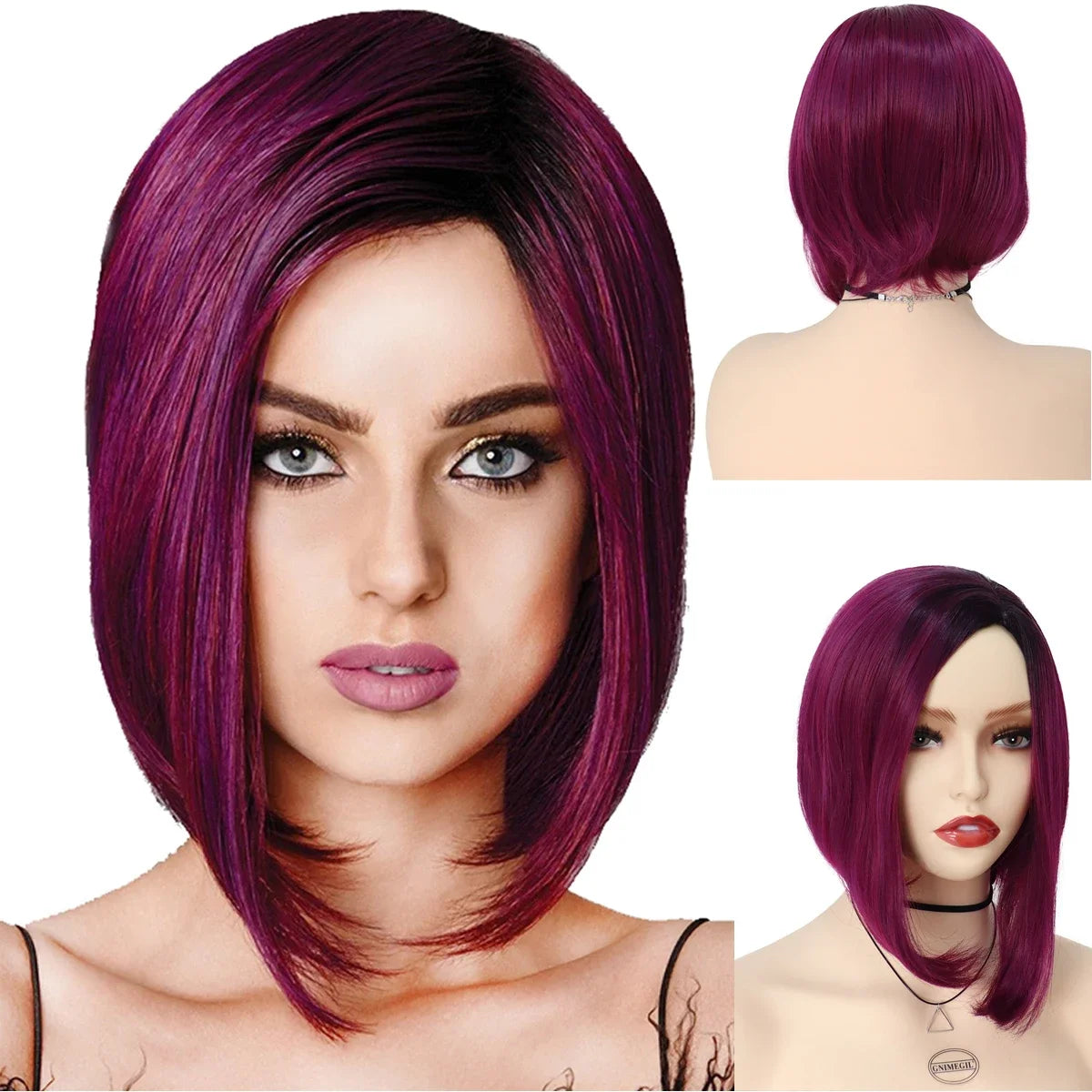 GNIMEGIL Synthetic Burgundy Wig for Woman Short Bob Wig Haircut Soft Straight Hairstyle Red Ombre Purple Wigs Natural Hairstyles