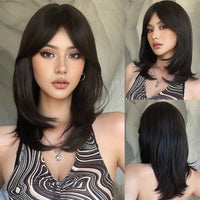 12 Inch Short Mullet Head Wigs With Bangs Short Straight Black Synthetic Wig For Women Short Pixie Cut Wigs For Daily Party Use