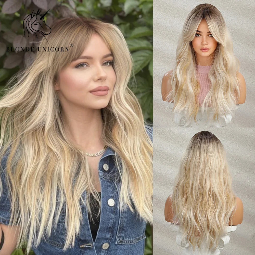 Blonde Unicorn Synthetic Wig Ombre Blonde Long Wigs Middle Part Hair Wig Daily Natural Wavy Heat Resistant Fiber for Women