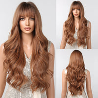 ESIN Copper Body Wavy Synthetic Wigs with Bangs Long Natural Wave Brown Wig for Women Daily Party Use Fake Hair Heat Resistant