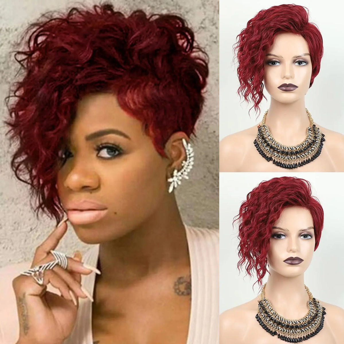 Short Curly Wigs for Black Women Natural Looking Wavy Short Black Wigs with Bangs Side Part Synthetic Hair Fashion Wigs