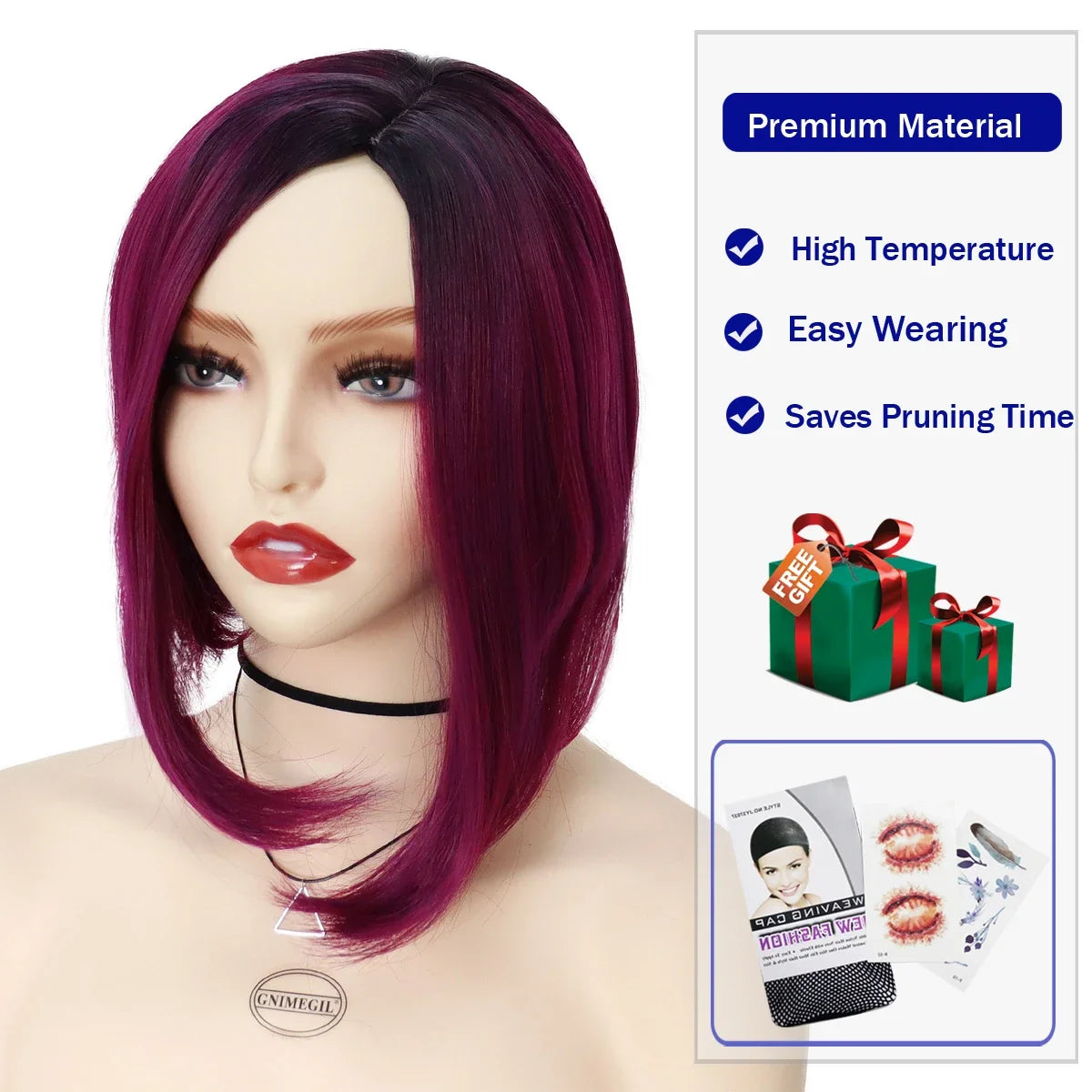 GNIMEGIL Synthetic Burgundy Wig for Woman Short Bob Wig Haircut Soft Straight Hairstyle Red Ombre Purple Wigs Natural Hairstyles