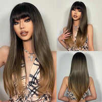 Synthetic Wigs for Women Long Straight Brown Blonde Highlights Wigs With Bangs Natural Hair for Daily Use Heat Resistant Fiber