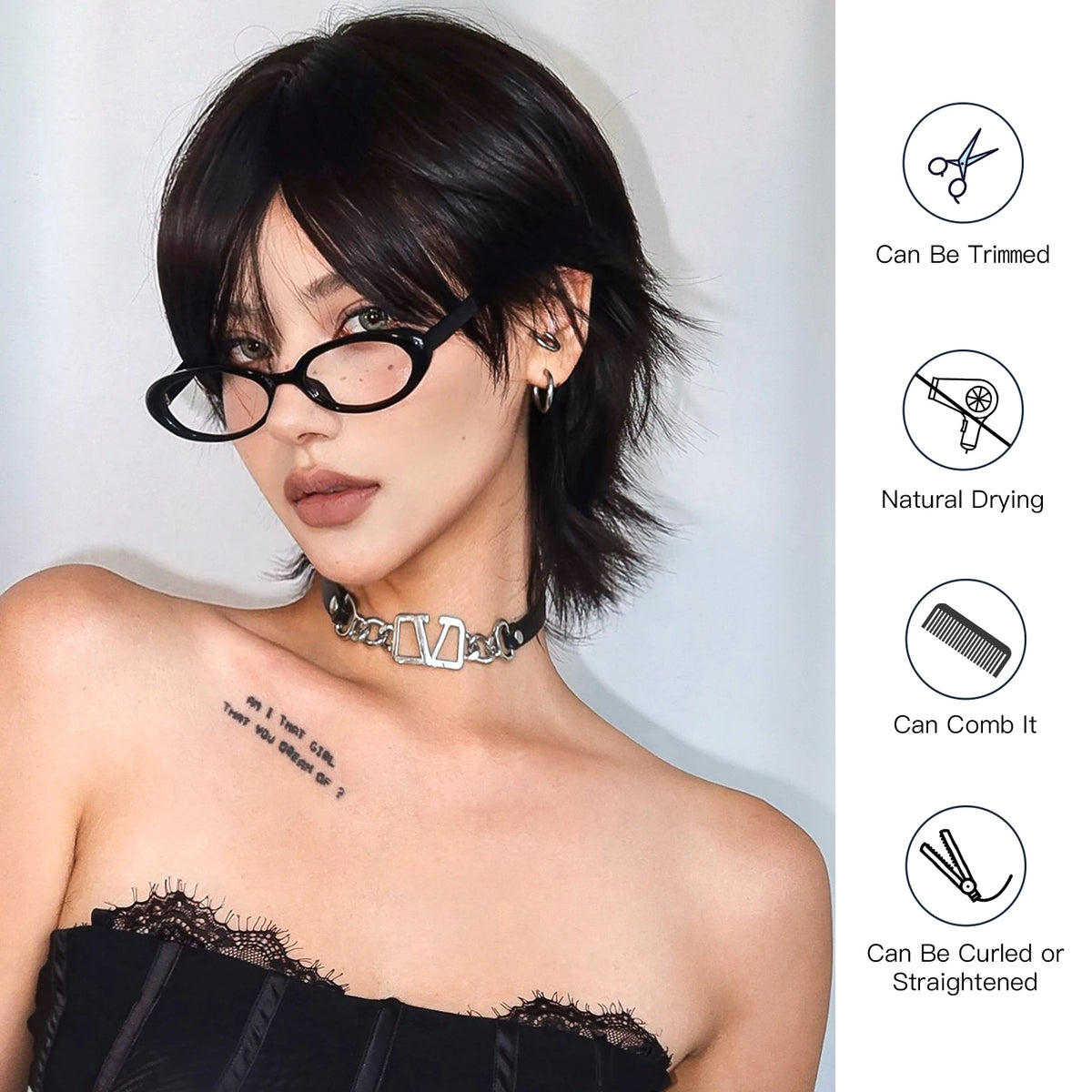 12 Inch Short Mullet Head Wigs With Bangs Short Straight Black Synthetic Wig For Women Short Pixie Cut Wigs For Daily Party Use