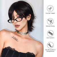 12 Inch Short Mullet Head Wigs With Bangs Short Straight Black Synthetic Wig For Women Short Pixie Cut Wigs For Daily Party Use