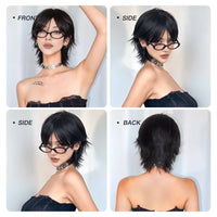 12 Inch Short Mullet Head Wigs With Bangs Short Straight Black Synthetic Wig For Women Short Pixie Cut Wigs For Daily Party Use