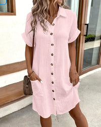 Summer Short Sleeve Shirt Dress Fashion Solid Color Single-breasted Mid-length Loose Dress