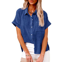 Women's Fashion Casual Cotton Linen Pocket Short-sleeved Shirt