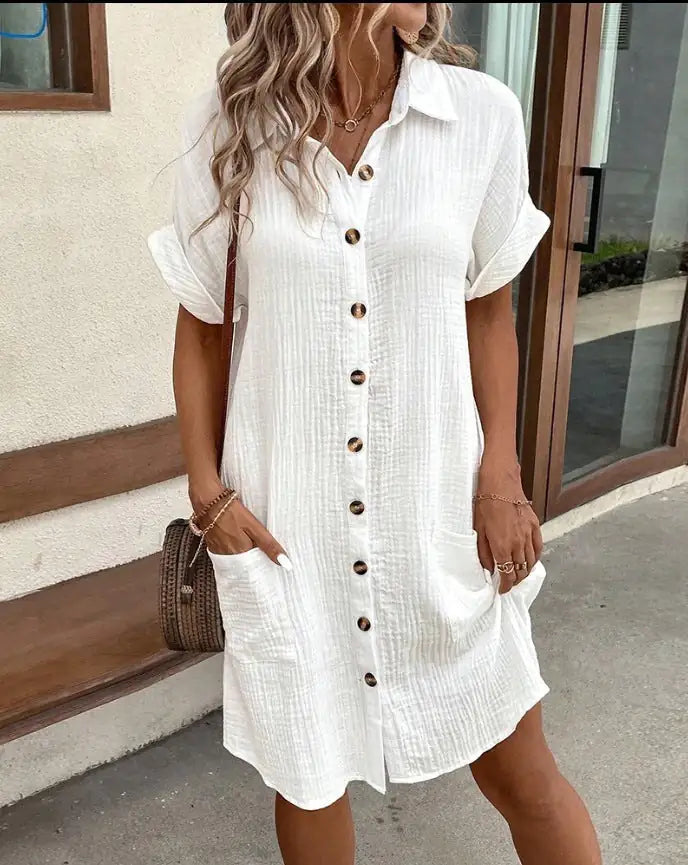 Summer Short Sleeve Shirt Dress Fashion Solid Color Single-breasted Mid-length Loose Dress